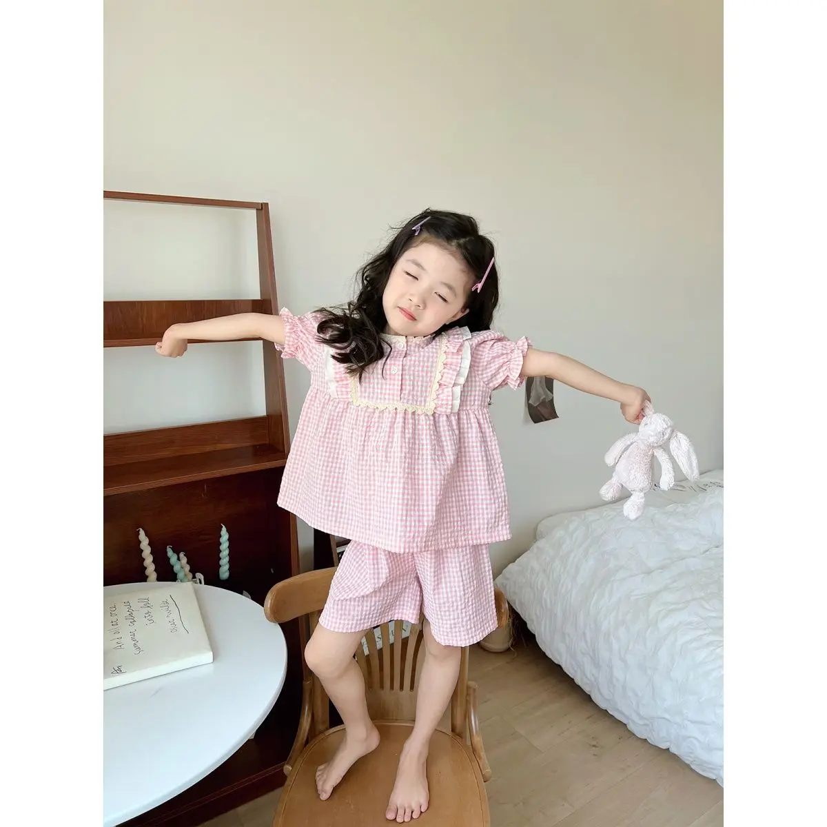 Girls Pajama Set 2024 Summer New Korean Edition Fashionable Baby Short Sleeve Checkered Cute Two Piece Set