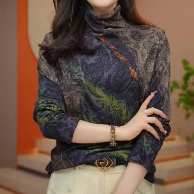 Odzież damska Jesień Zima Vintage Print Grube Ciepłe Podstawowe T-shirty Damskie Eleganckie Wysokie Kołnierzyki Długi Rękaw Slim Pullover Tops — zdjęcie 4
