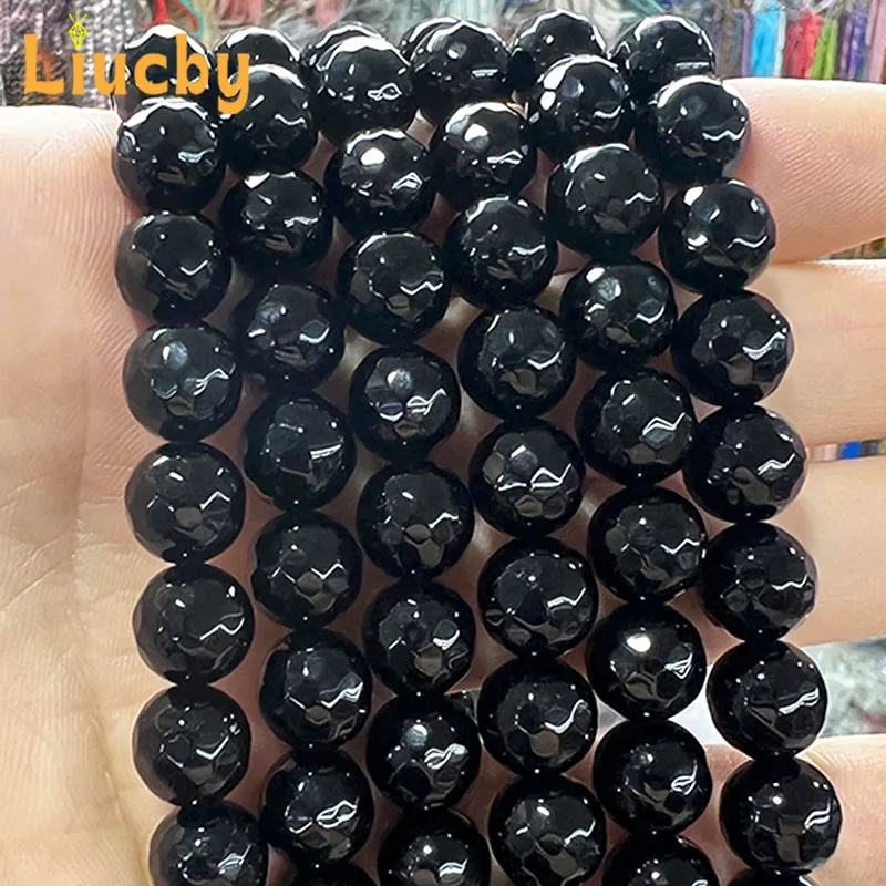 الحجر الطبيعي الأوجه العقيق الأسود فضفاض الخرز لصنع المجوهرات DIY خواتم Handstring اكسسوارات 15 ''بالجملة 4/6/8/10/12 مللي متر #2