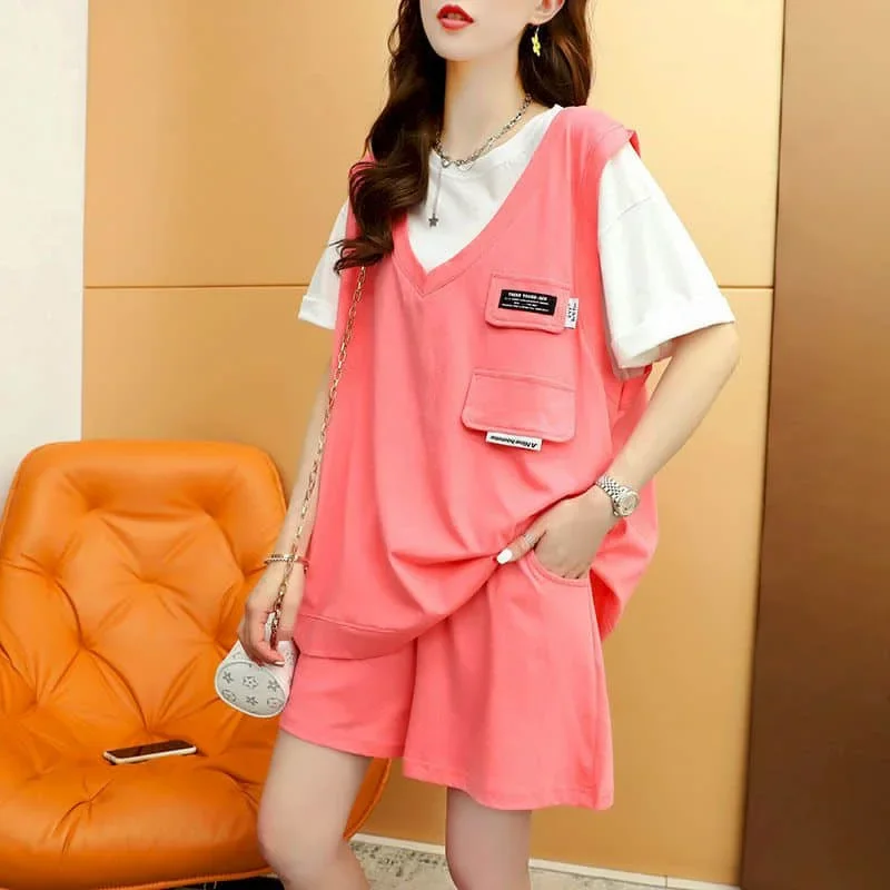 

Летние комплекты большого размера. Женская одежда. Свободные спортивные костюмы с короткими рукавами. Комплект из двух предметов. Корейские модные повседневные топы и брюки.