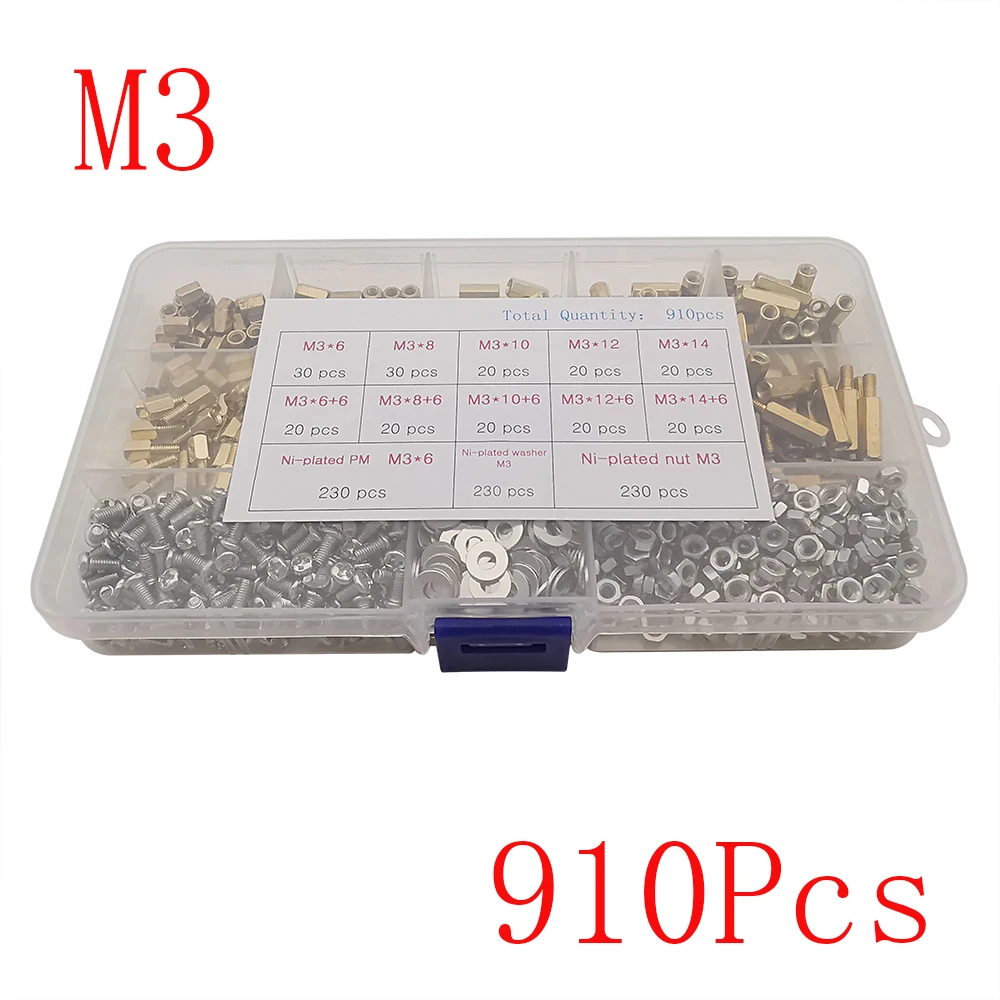 

910Pcs M3 Male Female Hex Brass Standoff Spacer with Pan Head Screw Nut + Washer Assortment Kit PCB Motherboard Standoff