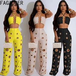 FAGADOER Pantaloni a gamba larga con foro solido sexy Streetwear Donna Halter senza maniche Backless Crop Top e pantaloni Set a due pezzi Abiti