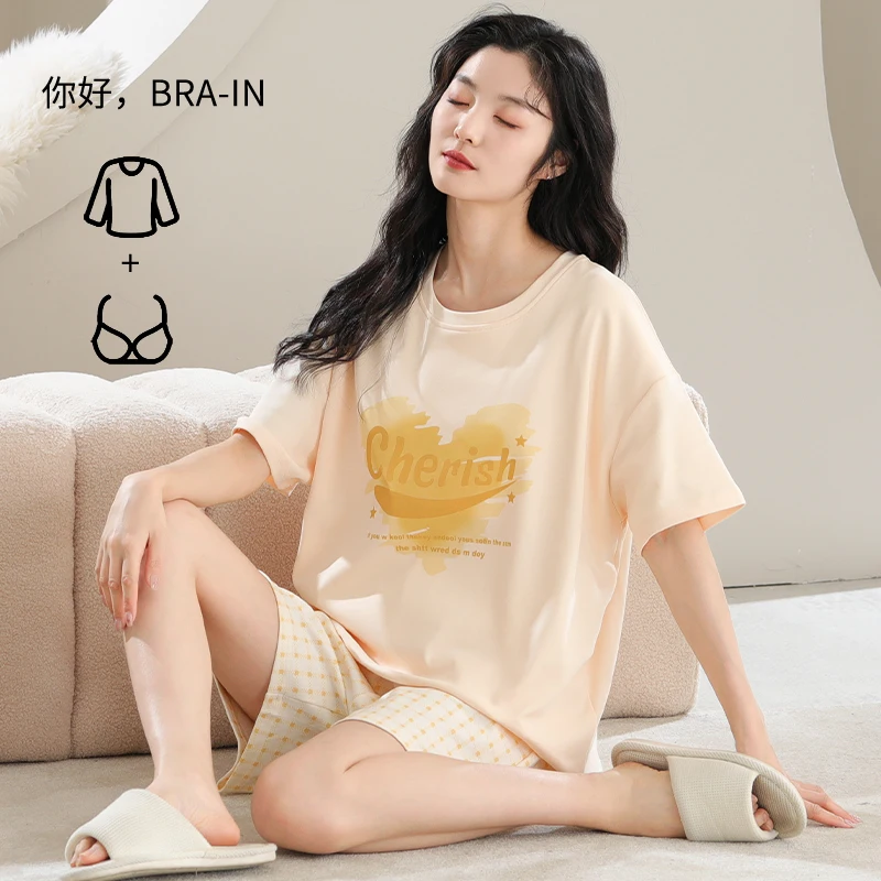 Summer Knitted Cotton Cartoon Rabbit Print Sleepwear Pajama Sets for Girl Short Suits Pajamas with Bra Padded Homewear