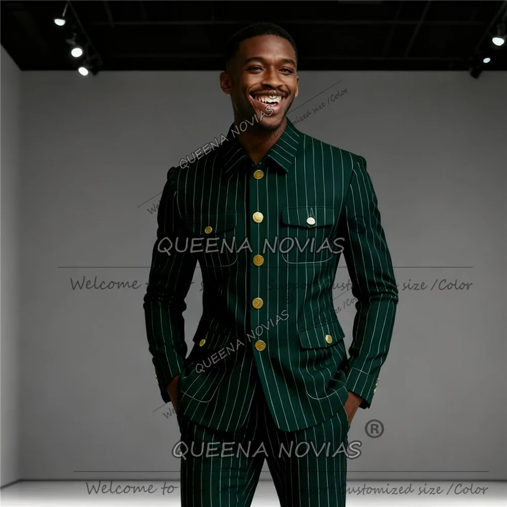 

Classic Pinstripe Men's Suits Single Breasted Prom Blazers Customzied 2 Pieces Sets Costume Homme Groom Banquet Wedding Tuxedos