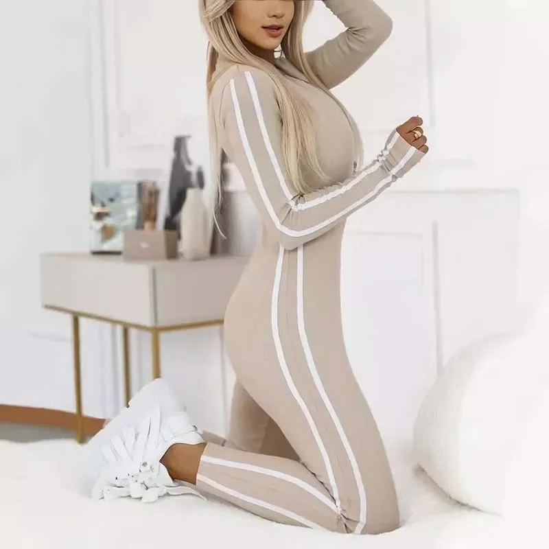 Women's Sporty Long Sleeve Jumpsuit Outfit Zip Up Front Workout Bodycon Romper