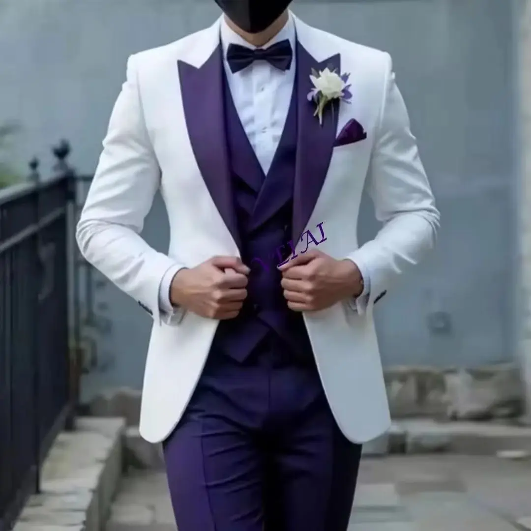 Customized 3 Piece Business Tuxedos Set for Men White/Purple Blazer Vest Groom Groomsman Wedding Party Prom Male Formal Occasion
