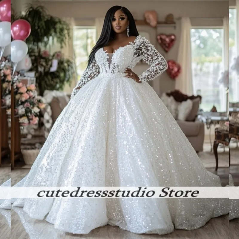 

Elegant Wedding Dresses For African Girls Long Bridal Gowns Exquisite Sequin Applique Vestidos De Novia Luxury Customized