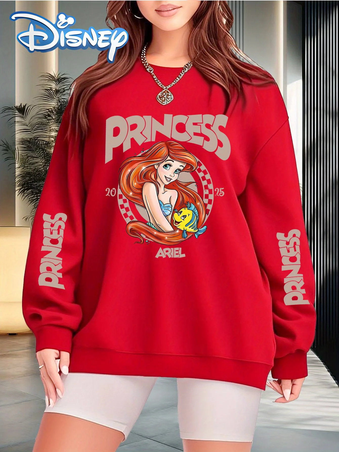 Sudadera de gran tamaño con estampado gráfico de princesa de Disney para Ariel Flounder para mujer, jersey informal de cuello redondo rosa vibrante