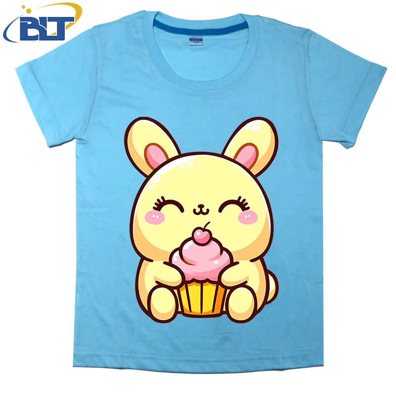 Bunny with cupcake printed kids T-shirt summer pure cotton short-sleeved casual top suitable for both boys and girls