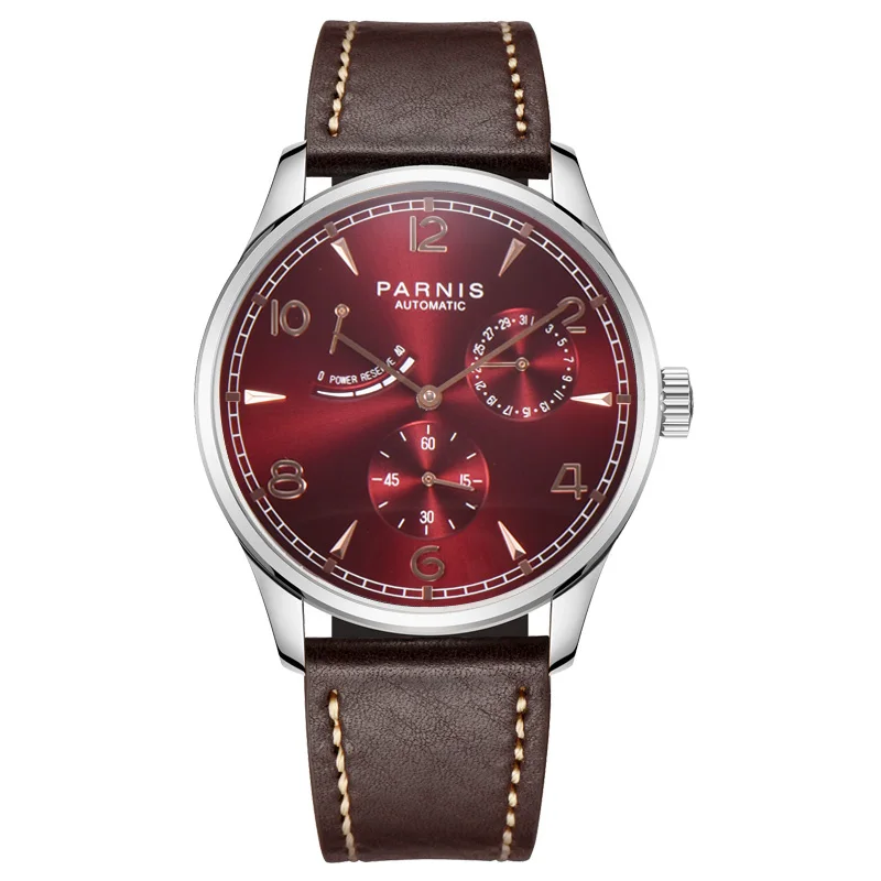 New Fashion Parnis 41.5MM Red Dial Mechanical Automatic Men Watch Power Reserve Leather Strap Men's Wristwatches reloj hombre