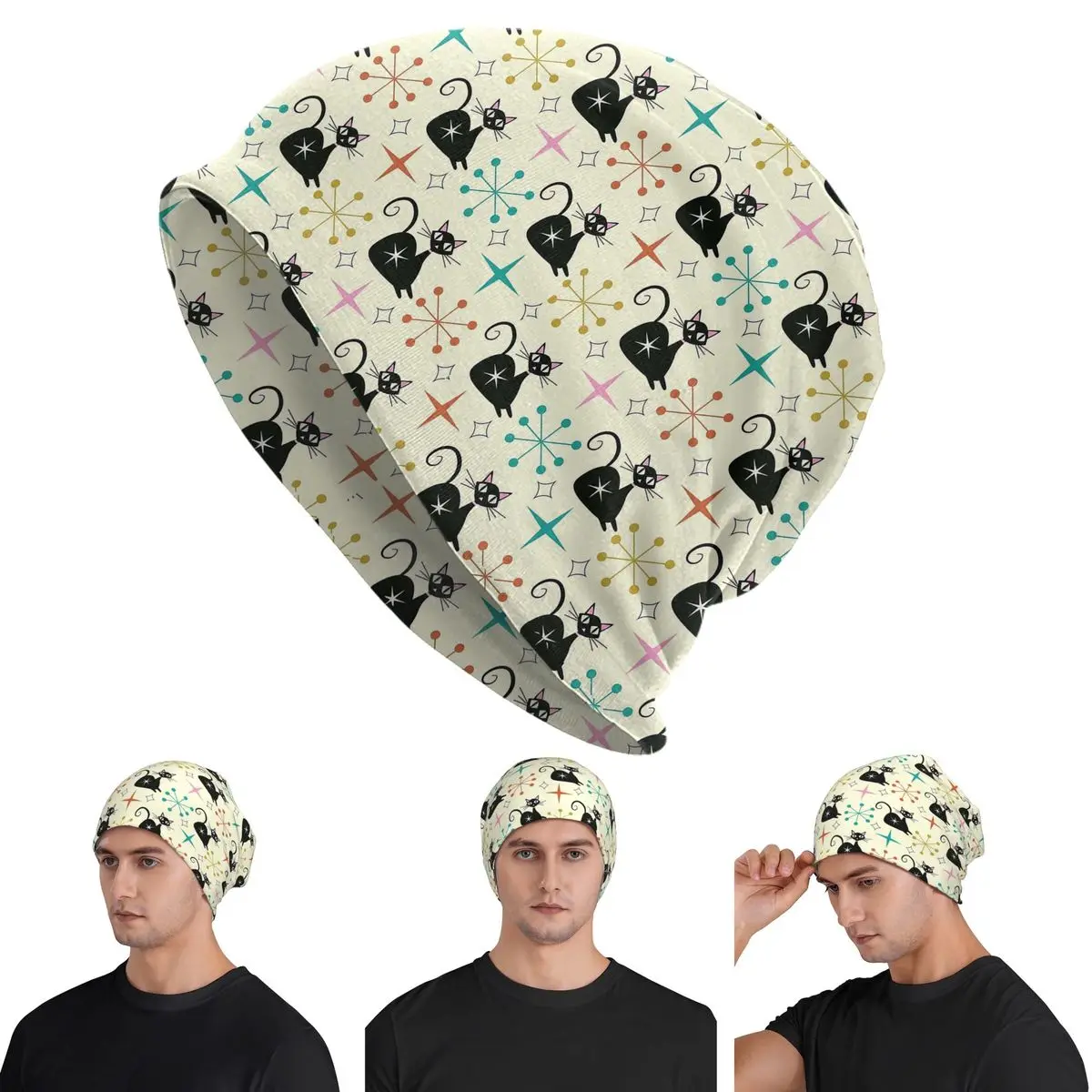 

Черный атомный кот середины века со звездами Skullies, шапки-бини, теплая осенне-зимняя уличная шапка, вязаные шапки для взрослых