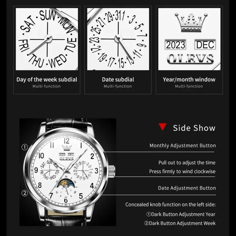 OLEVS 남성용 다기능 가죽 스트랩 손목 시계, 문페이즈 방수 레저 원피스, 6698