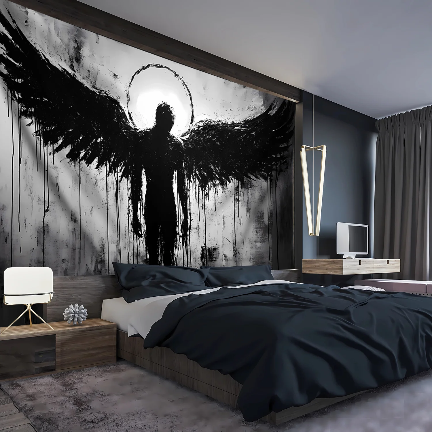 VIKAMA Dark Angel Silhouette Tapestry, Black & White Gothic Winged Figure Wall Hanging for Moody Room Decor