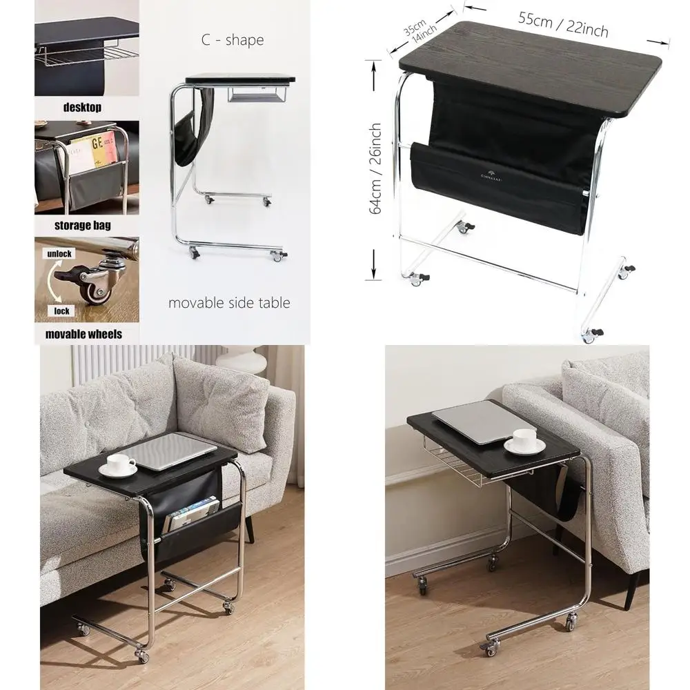 

Приставной столик для дивана C-образной формы с хромированной рамой и деревянной столешницей, мобильный для гостиной, спальни, прикроватной тумбочки, черный и серебристый