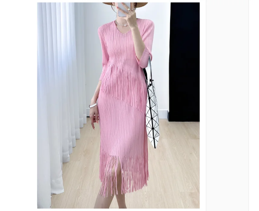 

HOT SELLING Miyake fashion High quality pleated v-neck three quarter one-piece dress tassel dress IN STOCK