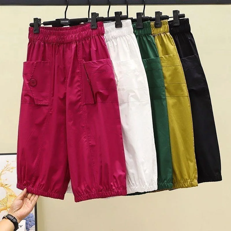 

Свободные женские брюки-шаровары из быстросохнущей ткани, универсальные, с высокой талией, укороченные, летние, новые, повседневные, высокого качества, больших размеров