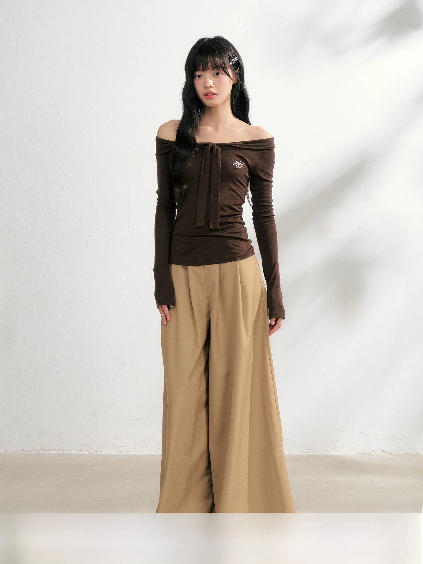 

NANGOON Shoulder Bared Knot Sash Knitted Top Slim Fit T-Shirt Wide Leg Casual Pants Set Women's Fashion Spring Outfit