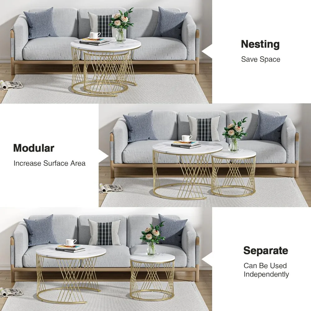 مجموعة طاولة القهوة الحديثة المتداخلة لغرفة المعيشة، سطح من الرخام الصناعي، زوج من الطاولات المستديرة البسيطة #6