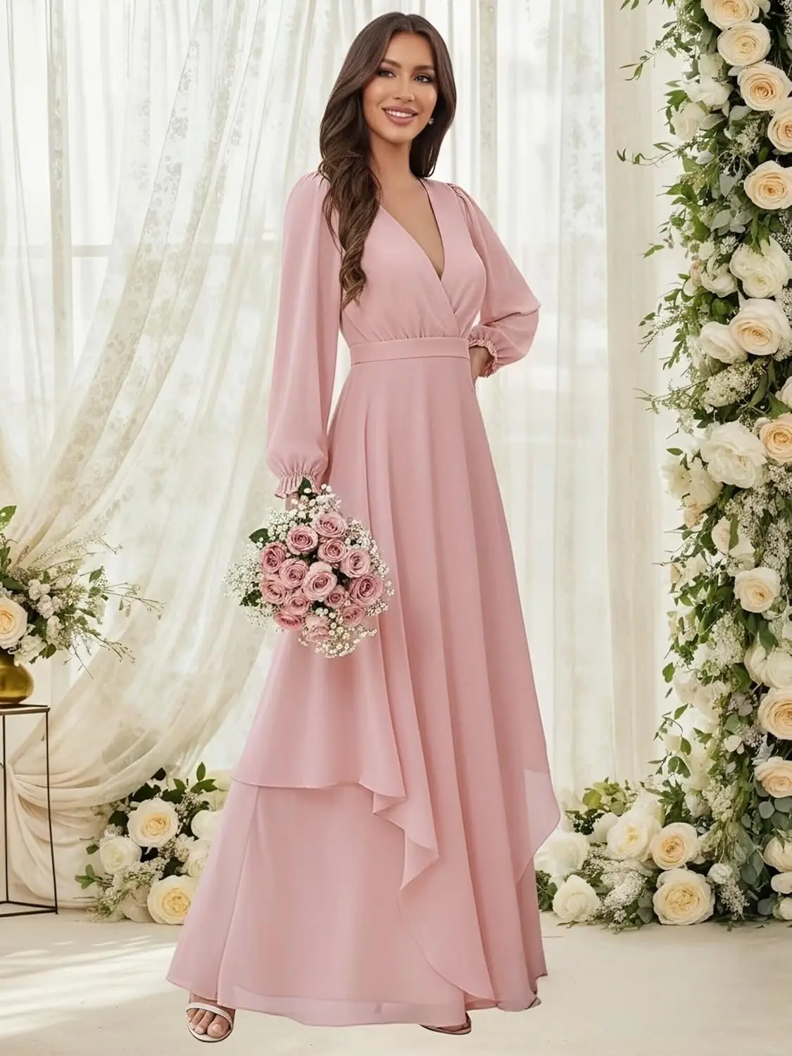 فساتين وصيفة الشرف طويلة الأكمام للنساء كشكش ماكسي الخامس الرقبة مطوي غير المتماثلة فستان رسمي من الشيفون