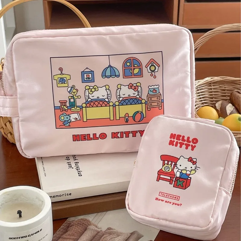 

Kawaii Hello Kitty Makeup Bag Cute Cartoon Printed Storage Bag Travel Handheld Toilet Bag Women Supplies Student Gift Wholesale