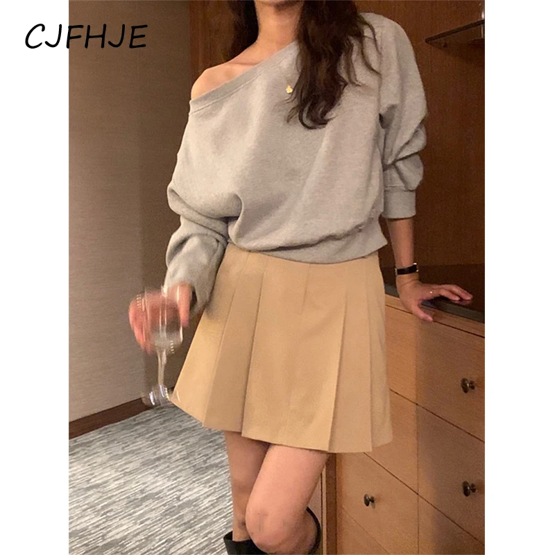 CJFHJE Streetwear Cropped Sweatshirt Women Y2K Sexy Off Shoulder Pullovers Korean Solid Casual All Match Hoodies Tops Spring