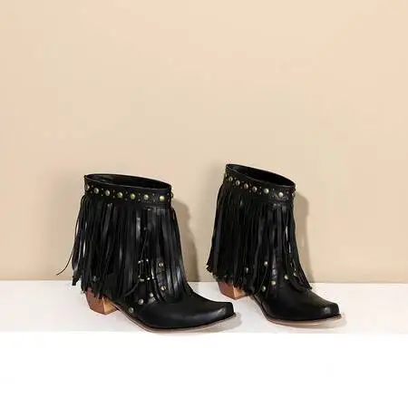 Western Cowboy Tassel Fringes Boots For Women 2024 Slip On Square Heels Cowgirl Riding Retro Women's Ankle Shoes image 3