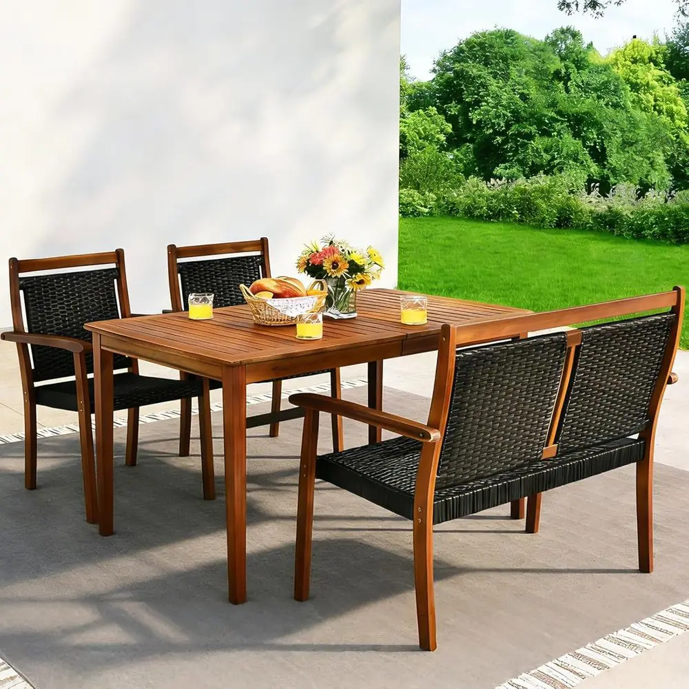 4-Piece Outdoor Rattan Dining Set with Acacia Wood Loveseat, Chairs, Table and Umbrella Hole for Garden, Backyard, Lawn