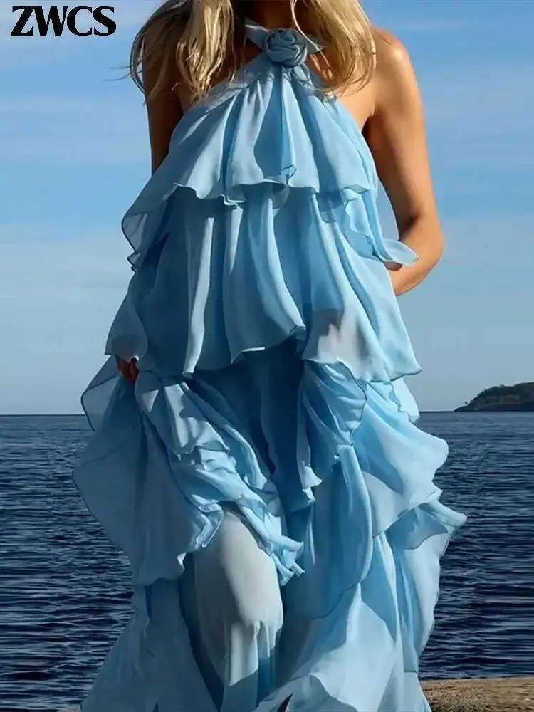 3d flor babados em camadas vestidos femininos elegante chiffon sem costas sem mangas fofo vestido longo 2025 verão nova senhora praia robes