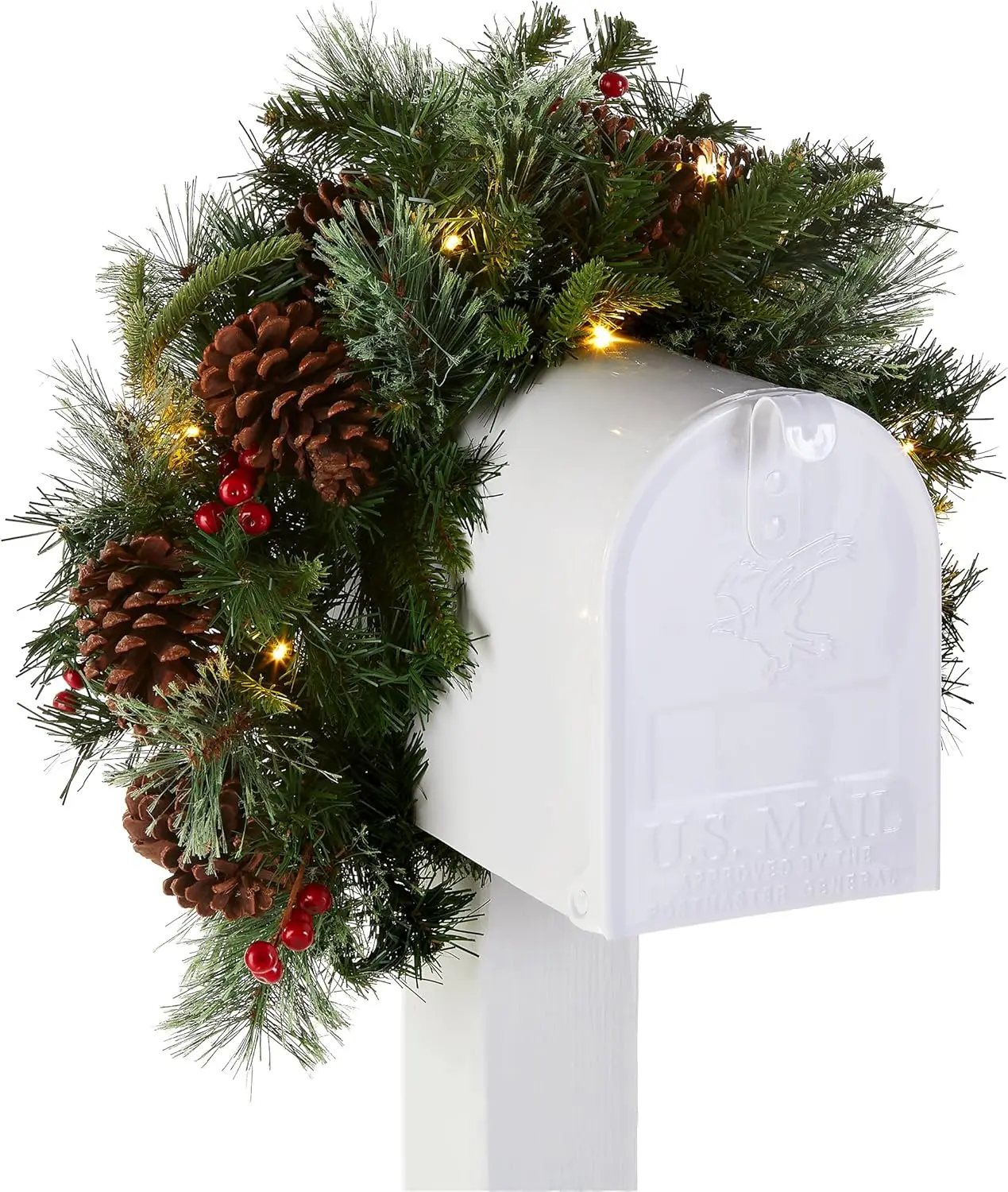 

36-inch Pre-Lit Colonial Fir Artificial Christmas Mailbox Swag with Red Berries, Pinecones, 15 Clear LED Lights, Timer