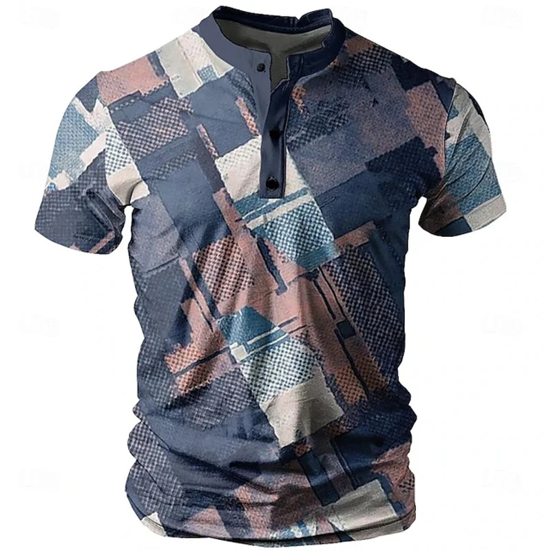 Fashion Vintage Men's T-Shirt 3D Splicing Print Henry Shirt Casual Breathable Short Sleeve Tops Summer Street Tee Loose Clothing