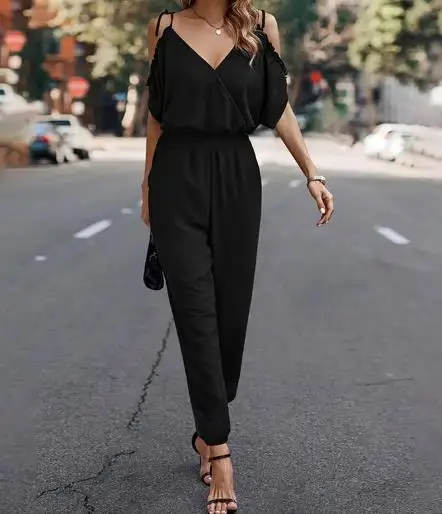 

Summer New Solid Color V-Neck Lace Up Bat Sleeve Slim Fit Jumpsuit for Women's Casual Simple High Waisted Cropped Pants Jumpsuit