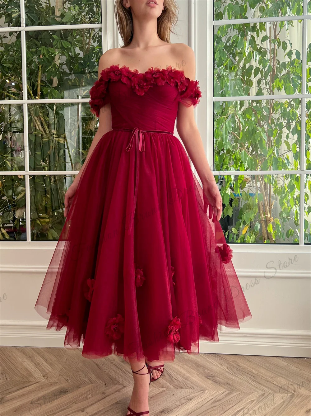 Tulle Off-the-shoulder Sweetheart 3D Flower Cocktail Dresses Corset Lace Appliques Homecoming Gowns A-Line Tea-length Prom Gowns