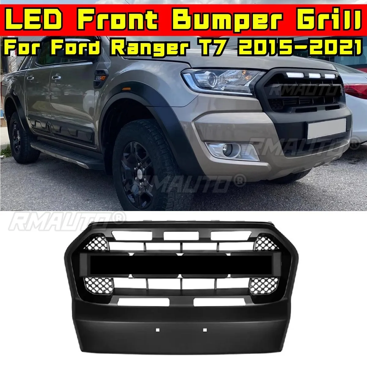 

For Ford Ranger T7 2015-2021 Body Kit Car Bumper Grill LED Racing Grills Front Grille LED Front Bumper Grill Modification Part