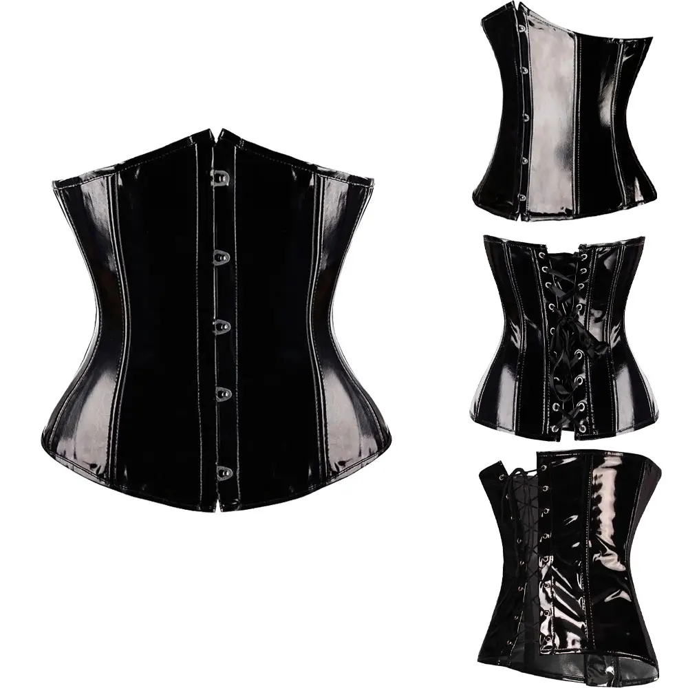 

Leather Gothic Corset Waist Cincher Steampunk Underbust Corsets Glossy PVC Underbust Corset Bustier Tops Women Plus Size