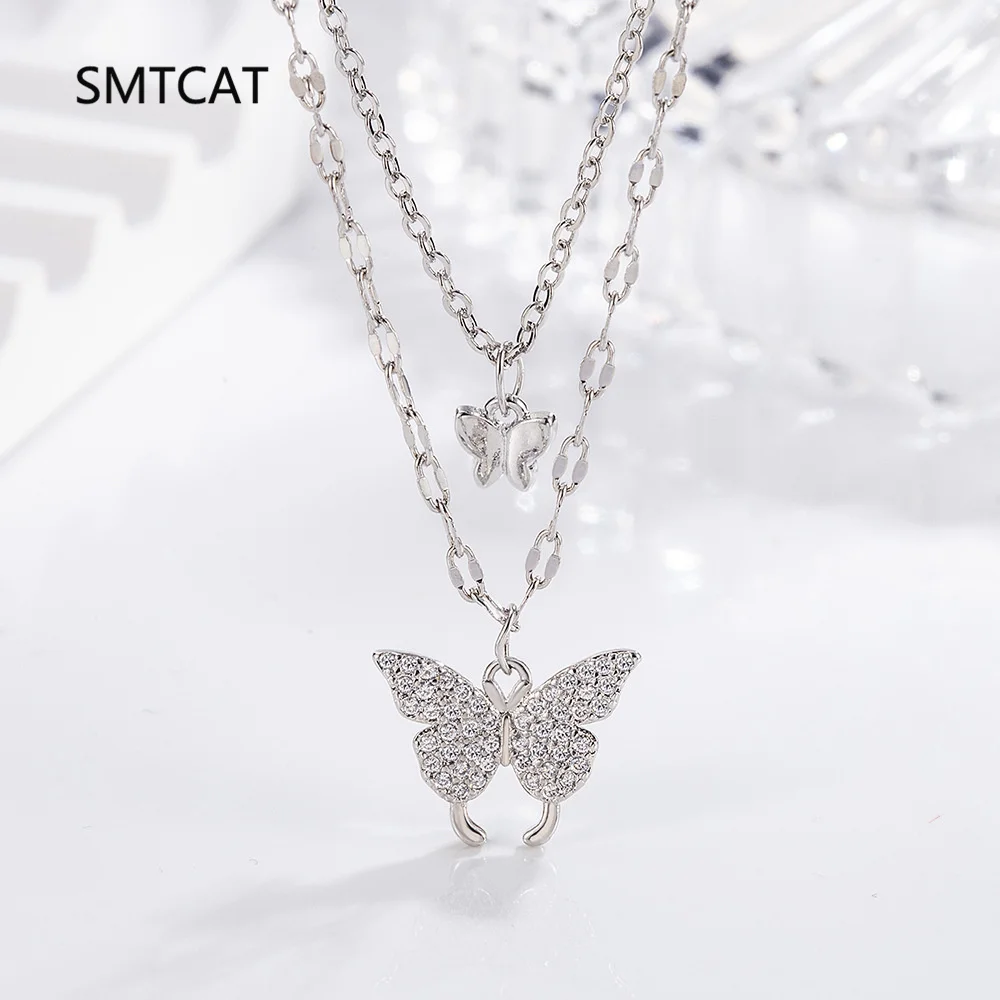 

S925 Sterling Silver Double Layer Butterfly Necklace for Women INS Fresh Shiny Zircon Clavicle Chain Choker Jewelry Accessories