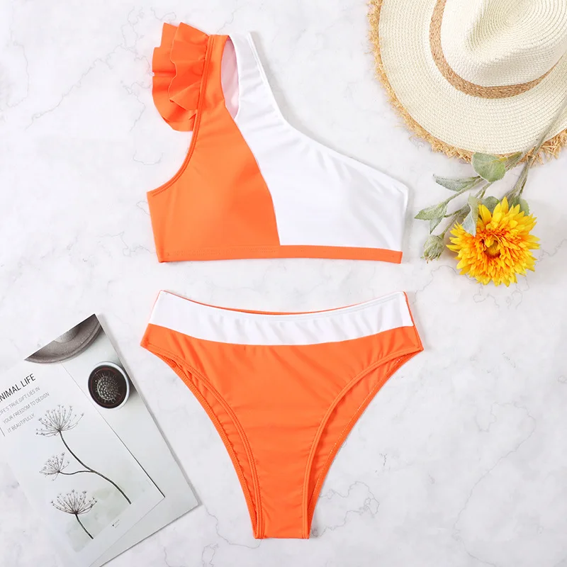 

Sexy High Waist Bikini 2025 Women One Shoulder Ruffle Swimwear Female Swimsuit Color Block Bathing Swim Suit Summer Beachwear