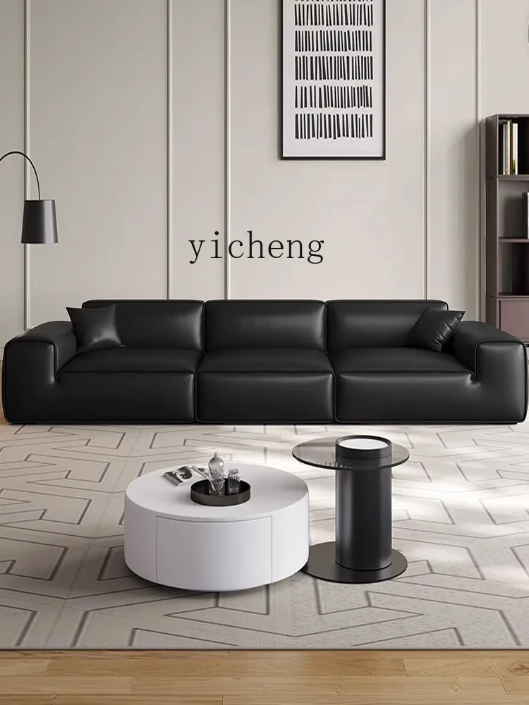 Tqh Modern Simple Big Black Cow Leather Sofa Living Room High-End New Elegant Small Apartment Straight Row Leather Sofa