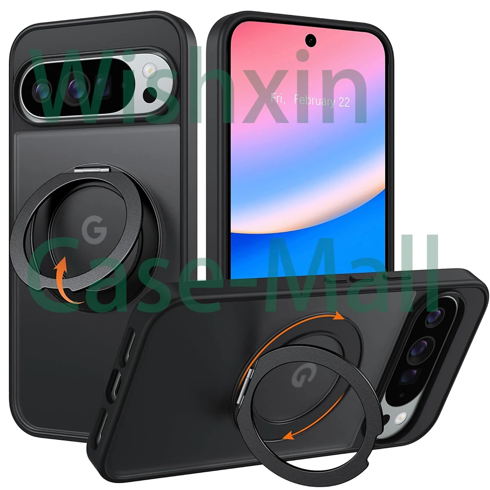 

360 ° Вращающийся кольцевой держатель, подставка, жесткий матовый магнитный противоударный чехол с беспроводной зарядкой для Google Pixel 10 Pro 9, 8, 7, 6