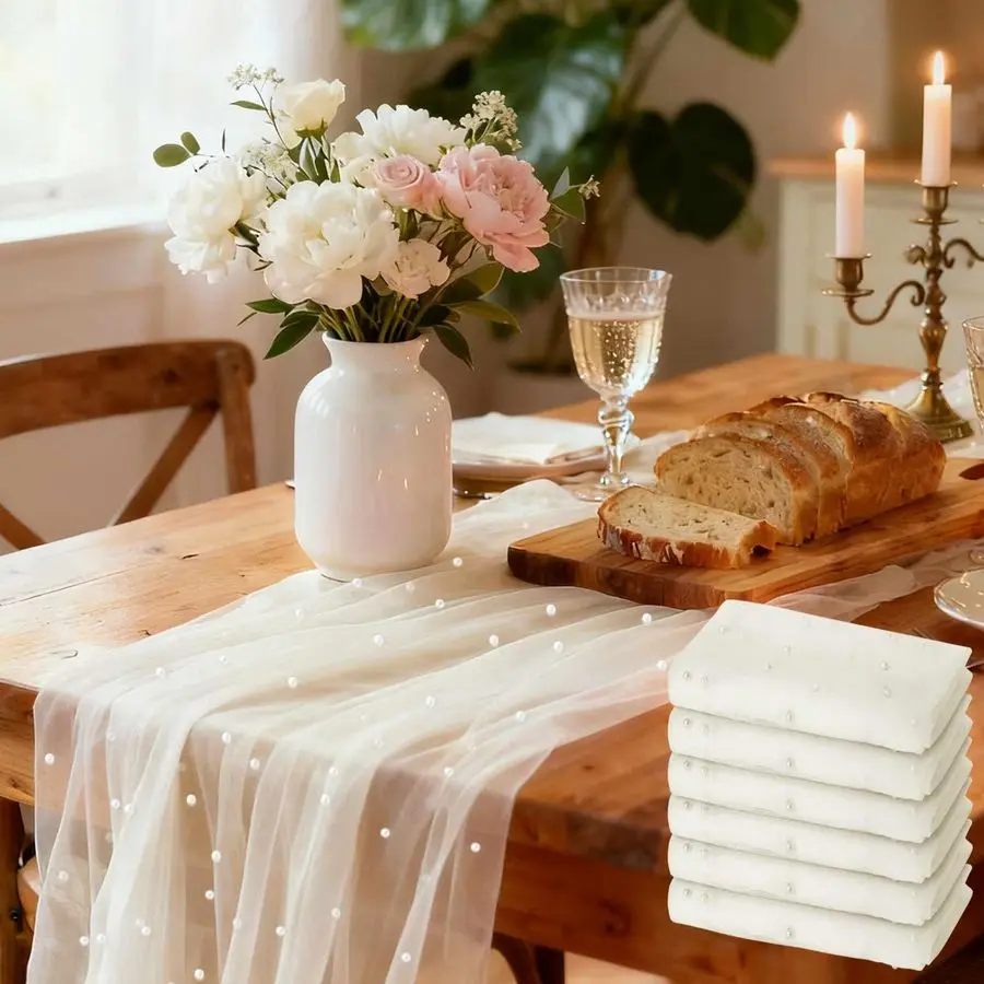 

Набор из 6 бежевых перламутровых скатертей-дорожек длиной 3 метра, в стиле бохо-рустик, из тюля и кружева, 30x120 дюймов, для декора свадеб, дней рождения и обеденных столов