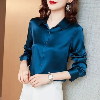 블라우스 여성 긴팔 셔츠 가짜 실크 블라우스 사무실 숙녀 탑 한국 세련된 여성 의류 화이트 블랙 레드 블루 그린