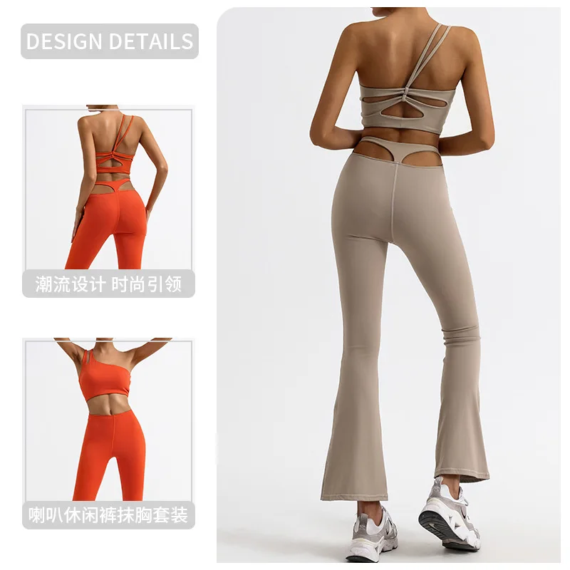 Women Clothes Yoga Set 2 Pieces Workout Outfits Fitness Sportswear Gym Tracksuit Bell-bottoms Leggings Sports Bra Athletic Wear