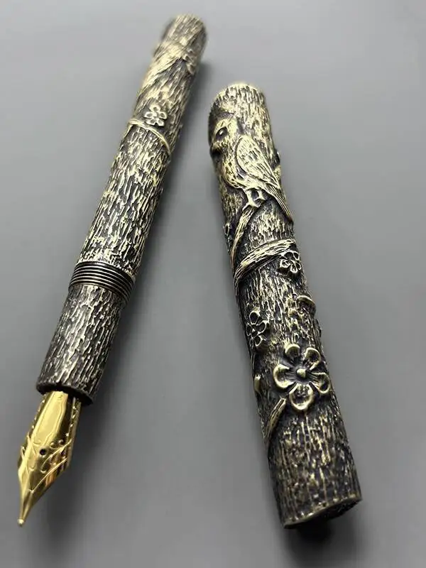 

Перьевая ручка ручной работы Master Craft, чистая ручная резьба, рельефное произведение искусства, птица и цветок, медная латунная ручка для письма