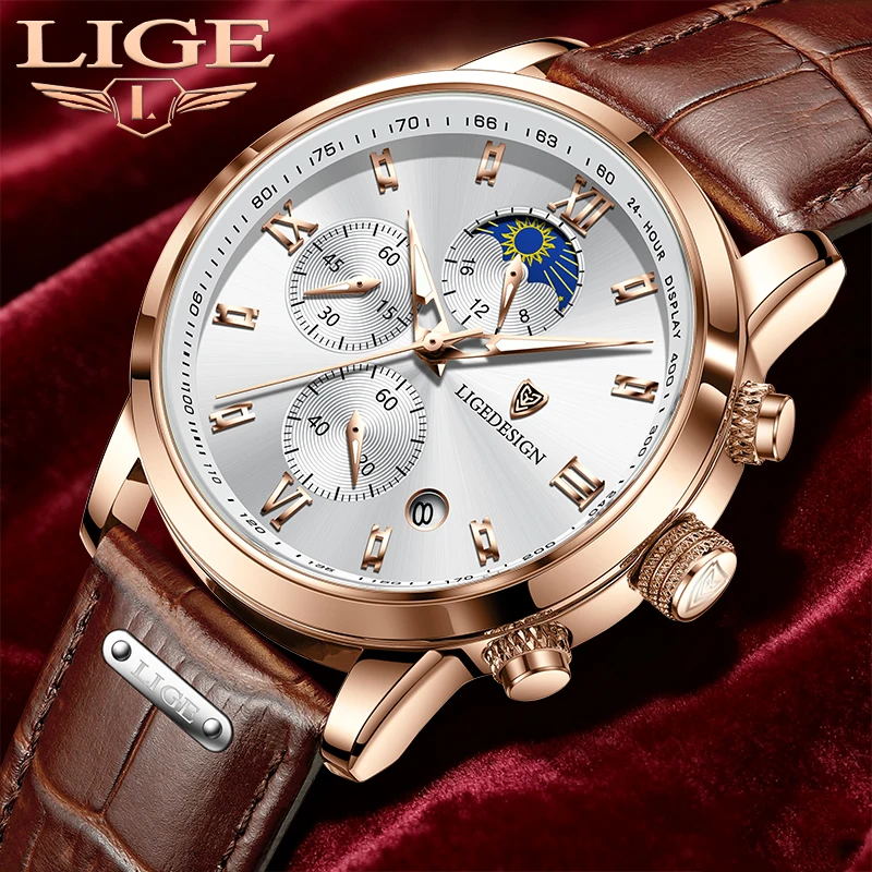 ساعات LIGE الفاخرة للرجال مقاومة للماء كوارتز رياضية كرونوغراف عسكرية كاجوال من الجلد للرجال Relogio Masculino #1