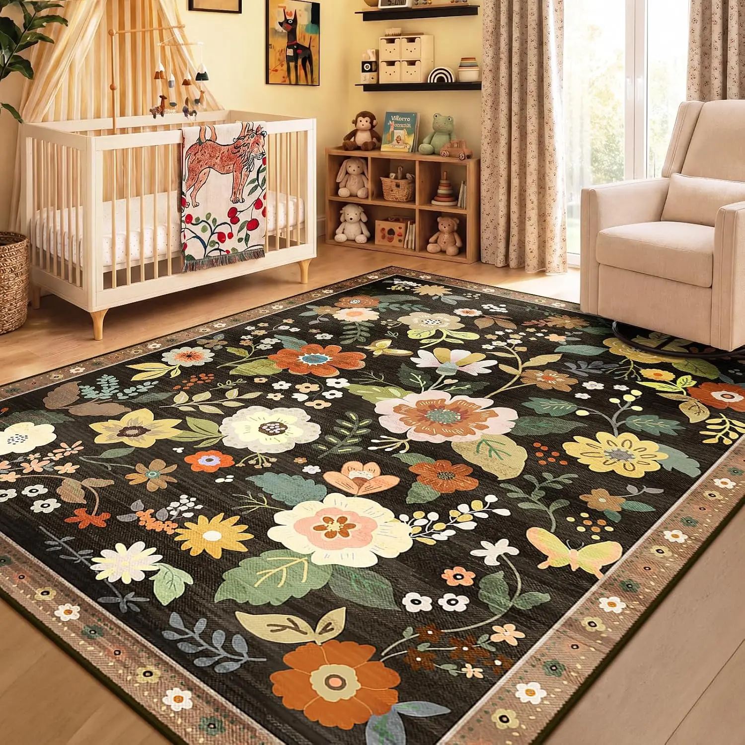 Washable Black Yellow Red Floral Rug, Boho Cute Non Slip Print Carpet, Soft Farmhouse Rug for Living Room Bedroom Kitchen