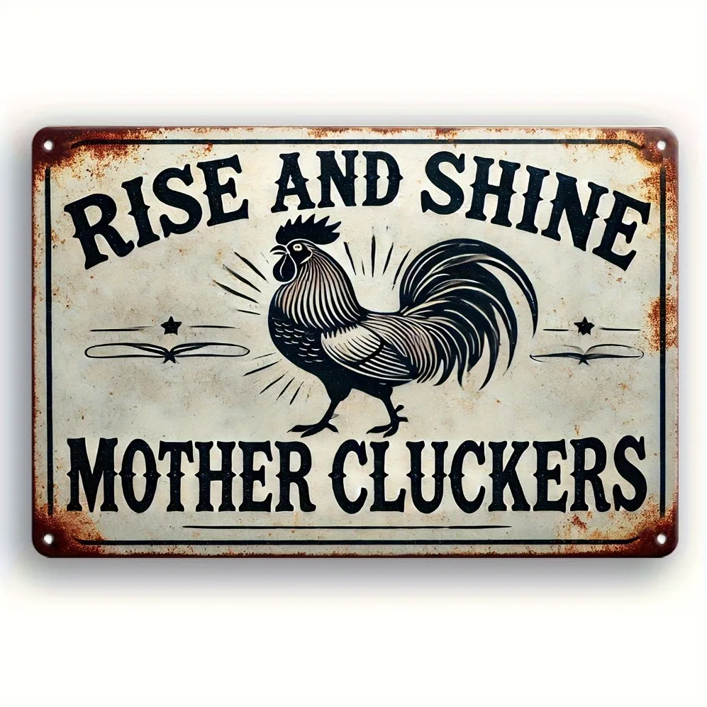 Rise and Shine Mother Cluckers" تصميم عتيق مضحك - فن جداري للمزرعة الريفية مع الديك وأشعة الشمس | متين داخلي #4
