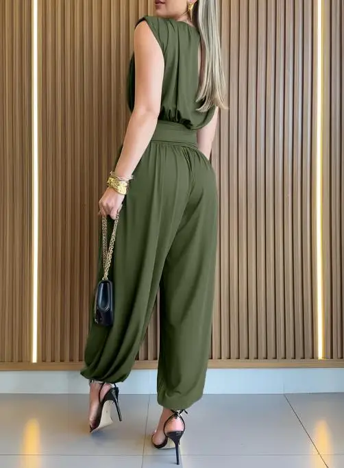 Monos largos para mujer, hombros acolchados, sin mangas, cintura ceñida, mono con abertura larga lateral, mono informal con espalda calada y fruncido