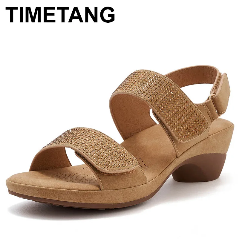 

Повседневные кожаные сандалии с ромбовидным декором, женские нескользящие дорожные пляжные сандалии на толстом каблуке, удобные удобные большие размеры