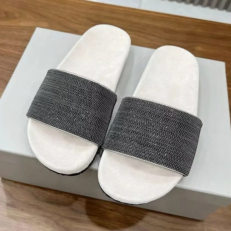 Women Flat Thick Bottom Open Toe Slippers Kid Suede String Bead Lazy Sandals Ladies Summer Lightweight Leisure Vacation Shoes