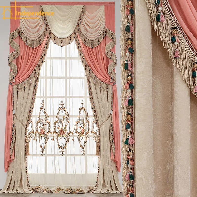 American High-end Customized Pink Beige Velvet Blackout Curtains for Living Room Bedroom French Window Balcony Window Villa