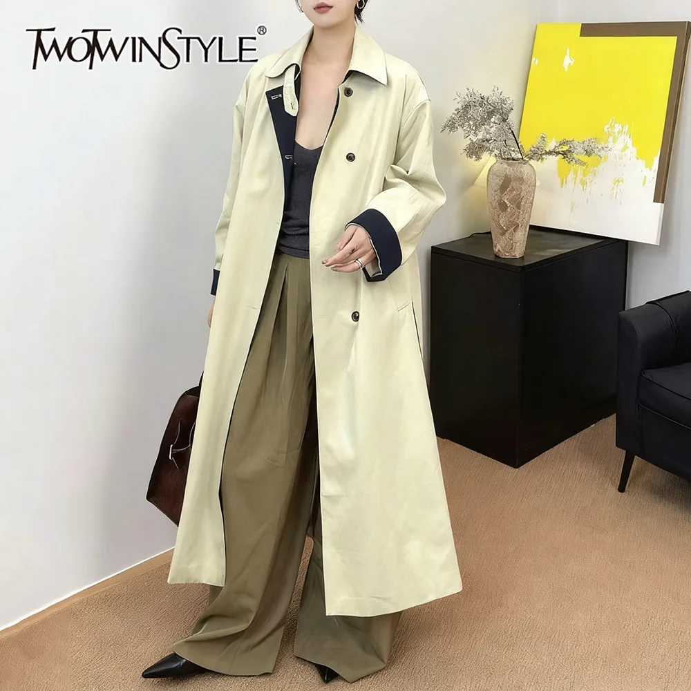 

TWOTWINSTYLE Solid Spliced Single Breasted French Trench Female Lapel Long Sleeve Office Lady Women's Trenchs Autumn Fashion New